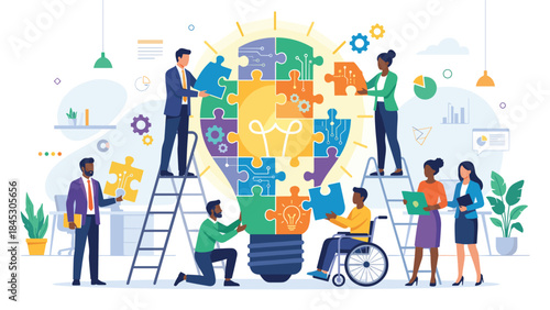 Diverse business team building lightbulb puzzle together. Corporate teamwork innovation collaboration concept. Creative solution strategy. Inclusive workplace inclusion disability.