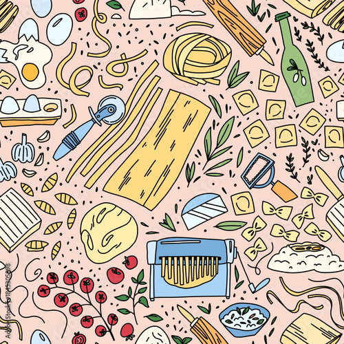 Hand-Drawn Italian Pasta Making Ingredients and Tools Background, Italian Pasta Ingredients