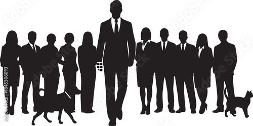 Black vector silhouettes of business people group with a leader, a dog, and a cat illustration
