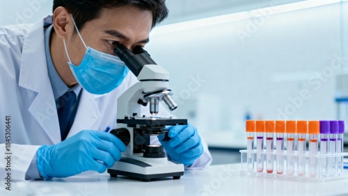 Scientist examining samples under microscope