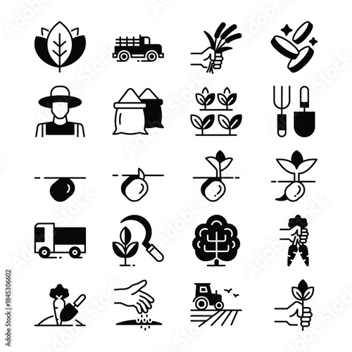 Harvesting and agriculture line icon pack featuring farming activities, crops, planting, tools, tractors, and farmers. Perfect for agronomy projects, farm graphics, and agricultural design use.