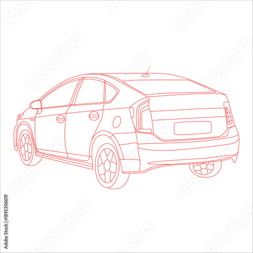 Simple Black and White Line Drawing of a Sedan Car and travel icons in simple line art style.