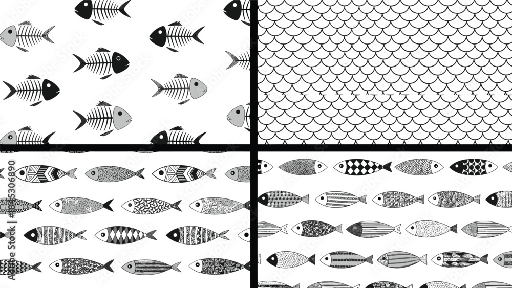 Naklejka premium Collection of four monochrome seamless patterns featuring fish skeletons, scales, and various decorated fish designs in rows, perfect for aquatic themes.