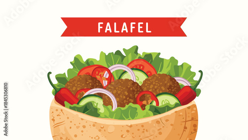 Delicious falafel sandwich illustration served in pita bread with fresh lettuce, tomatoes, cucumbers, and onions, topped with a red "FALAFEL" banner.