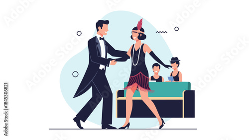 Elegant 1920s couple dancing at a Gatsby-themed party, featuring a man in a tuxedo and a flapper woman, with background guests.
