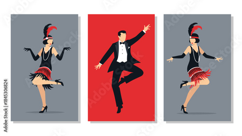 Set of three vertical posters showcasing elegant 1920s flapper women in fringed dresses and a dapper man in a tuxedo dancing with Gatsby style.