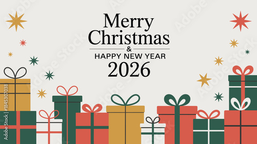 Merry Christmas and Happy New Year 2026 celebration with colorful gifts