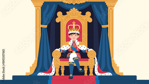 Young king or prince in magnificent royal regalia, wearing a golden crown and elaborate robes, seated majestically on a grand blue throne.