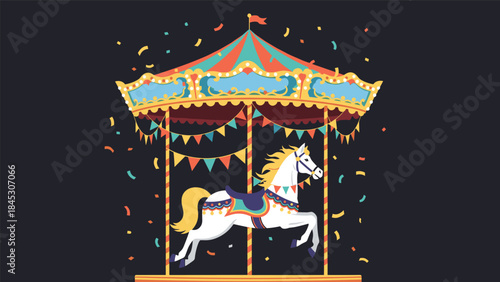 Vibrant and festive carousel with a majestic white horse, adorned with colorful flags and confetti, creating a joyful amusement park atmosphere.