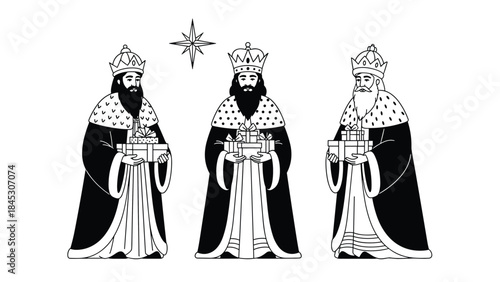 Elegant black and white line art illustration of the Three Wise Men (Magi) in crowns and robes, holding gifts under a guiding star for Epiphany.