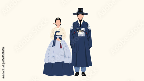 Elegant Korean couple wearing traditional hanbok attire, with the woman in a chima-jeogori and the man in a gat and durumagi, representing cultural heritage.