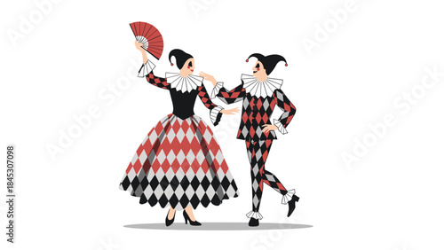 Dynamic illustration of two classic Commedia dell'arte characters, Harlequin and Columbine, dancing joyfully in their iconic diamond-patterned costumes.