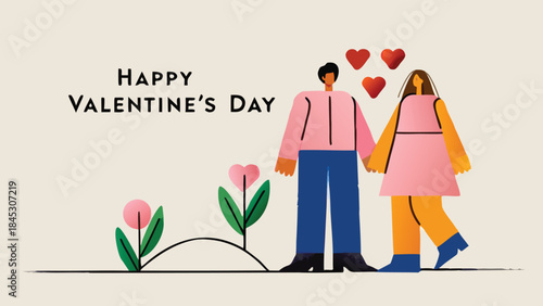 Happy valentine's day couple holding hands with hearts and flowers on beige background