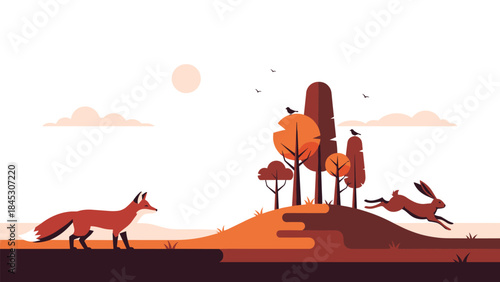 Minimalist autumnal landscape illustration featuring a fox observing a running rabbit near a hill with abstract trees, rendered in warm earthy tones.