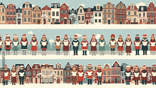 Charming winter scene featuring a quaint snowy town and two lines of diverse carol singers in warm attire, holding songbooks for the holidays.