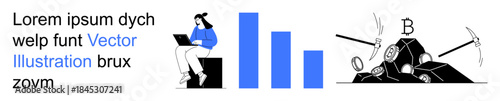 Cryptocurrency, data analysis, mining process, blockchain, finance, technology. Woman using a laptop, bar chart and pickaxe on cryptocurrency rock. Cryptocurrency and data analysis concept