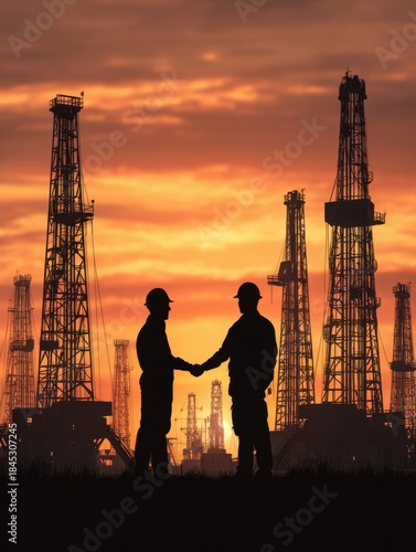 Two workers stand facing each other and shake hands at an oil drilling site. The sun sets, casting a glow behind multiple oil rigs in the background