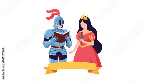 Gallant knight in shining armor reading a book beside a beautiful queen in a red dress holding a rose, embodying a fairytale scene.