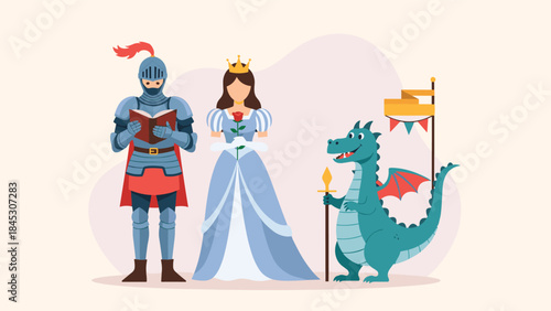 Charming fairytale illustration featuring a knight reading, a beautiful princess holding a rose, and a friendly dragon with a flag.