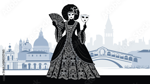 Elegant woman in an elaborate Venetian masquerade ball gown and mask, holding a fan against a beautiful grayscale Venice cityscape with the Rialto Bridge.