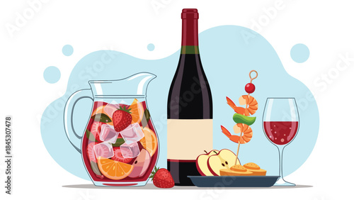 Refreshing still life illustration featuring a pitcher of sangria, a bottle of red wine, shrimp skewers, and appetizers, perfect for a celebration.