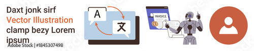 Language translation, technology, automation, AI systems, digital identity, business tools. Visual features translation software, AI robot user profile icon. Language translation and technology
