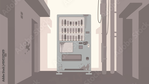 錆びや雨の跡がある、狭い都会の路地に放置された自動販売機のシルエットを描いたミニマリストなフラットベクター画像