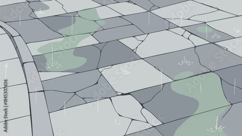 苔のあるひび割れたコンクリート壁、日本の都市の衰退にインスパイアされた背景、アースカラーのニュートラルトーンとネガティブスペースの抽象的なフラットベクター画像