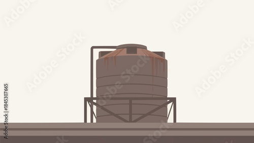 錆びの縞模様のある非対称の屋上水タンクのシルエット、侘び寂びの工業的な質感、ネガティブスペースの背景