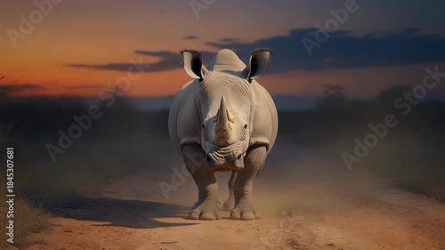 Rhino charging forward in a dusty savanna at sunset.