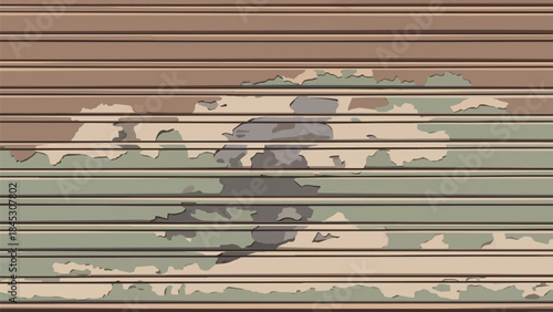 古い都市のシャッタードアの剥がれたペンキ、質感のある表面、非対称のデザイン、アースカラーパレットのフラットベクターイラスト