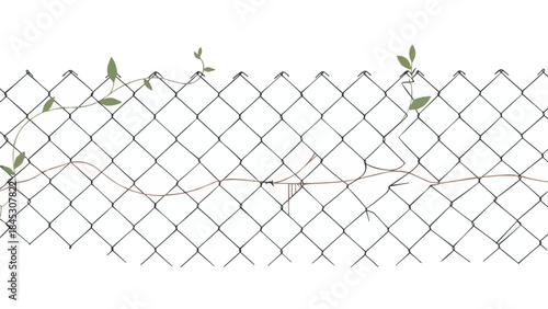 蔓が生い茂った抽象的な金網フェンス、錆びた金属、風化した都市の障壁、侘び寂びのデザイン、ネガティブスペースの構成