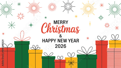 Merry Christmas and Happy New Year 2026 celebration with colorful gifts