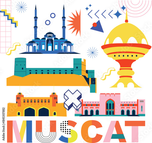 Typography word Muscat branding technology concept. Collection of flat vector web icons. Arabian culture travel set, Memphis architectures, specialties detailed silhouette. Doodle famous landmarks.
