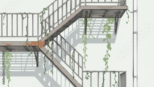 都市橋の緑青で覆われた金属製の手すり、非対称の曲線デザイン、柔らかい青とグレーのベクターイラスト、建築の詳細、現代のインフラストラクチャ