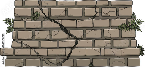 ひび割れた都市部の擁壁、層状の石のテクスチャと散在するシダ、落ち着いたアースカラーの非対称デザイン、建築背景