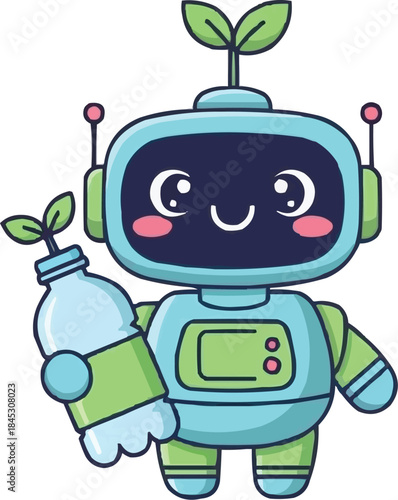 リサイクルされたペットボトルを持ったかわいいロボット、環境に優しいフラットベクターイラスト、パステルグリーンとブルー、大きな目と赤らんだ頬を持つ笑顔のロボット
