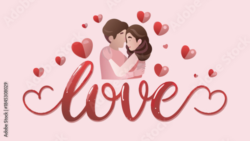 Tender couple embracing surrounded by hearts symbolizing love and romance on a soft pink background