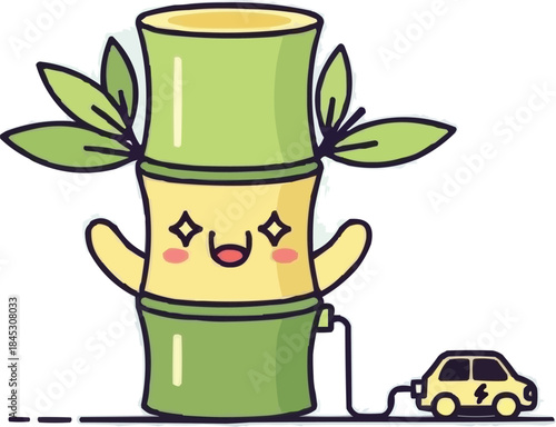 ミニマリストかわいいぽっちゃり竹の茎のアイコンが小さな電気自動車を充電、フラットベクターイラスト、楽しい表情、薄緑と黄色の色