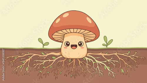 地下で菌糸ネットワークを成長させるかわいいキノコのキャラクター、大きな笑顔、アースカラーのパステルカラー、生分解性素材のイノベーション、フラットなベクターイラスト