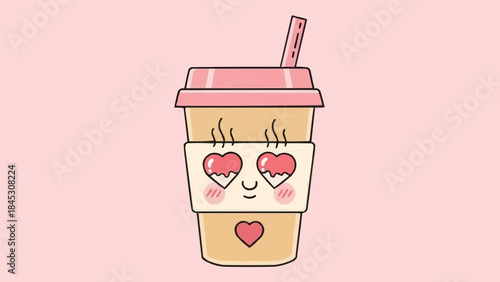 ハート型の目、赤らんだ頬、湯気の立つ熱い飲み物、ベージュとピンクのパステル調のイラストが描かれた、かわいい再利用可能なコーヒーカップのキャラクター