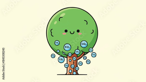 CO2の泡を吸収するかわいい炭素回収樹木のイラスト、かわいい笑顔の環境に優しいグリーンコンセプト、ベクターアート