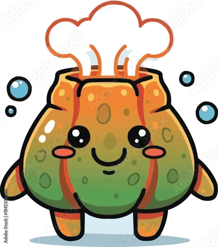 かわいいぽっちゃりした地熱噴出孔のキャラクター、平らなベクターイラスト、笑顔の漫画、アースオレンジとグリーン、ウォーミングアップ