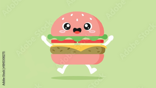 喜びに満ちたかわいい植物性ハンバーガーのキャラクターがジャンプし、大きな目と赤面、新鮮な緑とピンクの色調、かわいい食べ物のイラスト