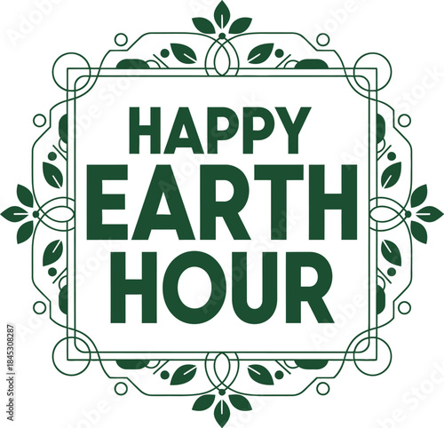 Happy Earth Hour logo design with decorative green leaf ornaments