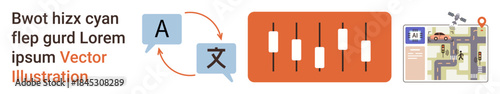 Language translation, data analytics, financial markets, navigation tools, travel services, global connectivity. A language symbol, candlestick chart and map icon. Translation and data analytics