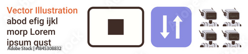 Technology, automation, data transfer, artificial intelligence, connectivity, futuristic design. Square button, up-and-down arrows robotic heads. Automation and data transfer concept