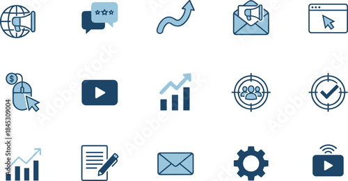 Digital marketing and business icons vector set, communication growth media analytics symbols, modern blue flat illustration collection
