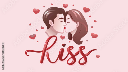 Loving couple sharing a romantic sweet kiss surrounded by hearts on pink background