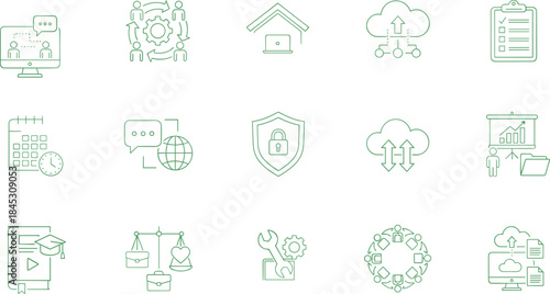 Business workflow and cloud service line icons vector set, management security collaboration symbols, modern green outline illustration
